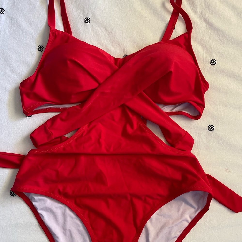 CUPSHE bright red swim one piece with body wrap straps